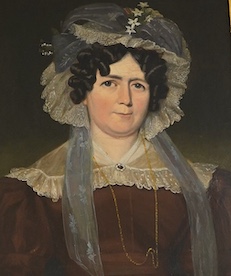 Regency School, circa 1800, Head and shoulders portrait of a lady wearing a bonnet, unsigned, oil on millboard, 24 x 19cm, ornate gilt frame